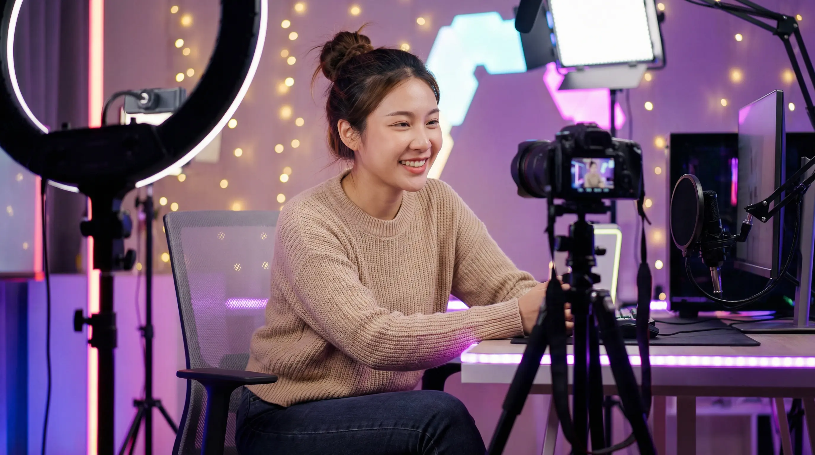 芒果视频原创视频创作者在专业工作室录制视频